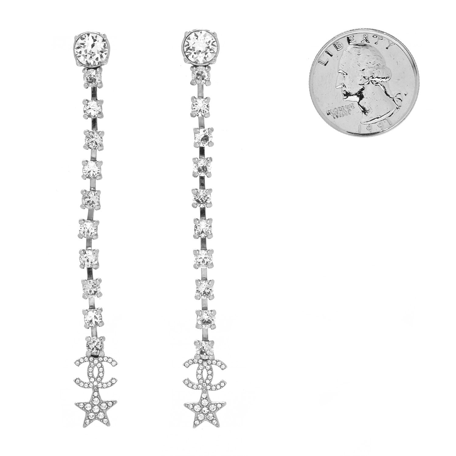 Chanel Crystal Starfall Drop Long CC Earrings Silver 1175903