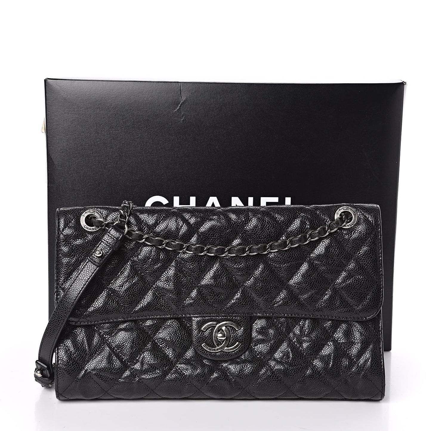 Crumpled Grained Calfskin Jumbo CC Crave Flap Black