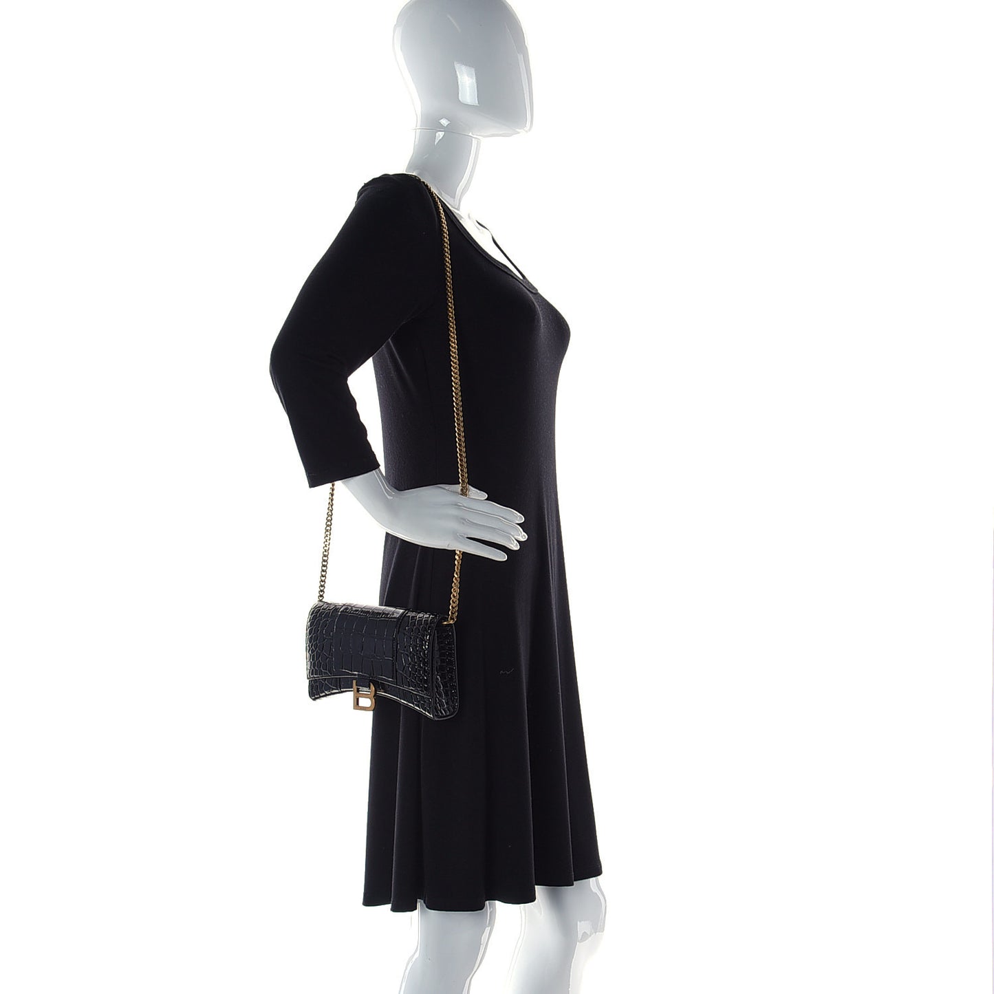 Shiny Calfskin Crocodile Embossed Hourglass Chain Bag Black