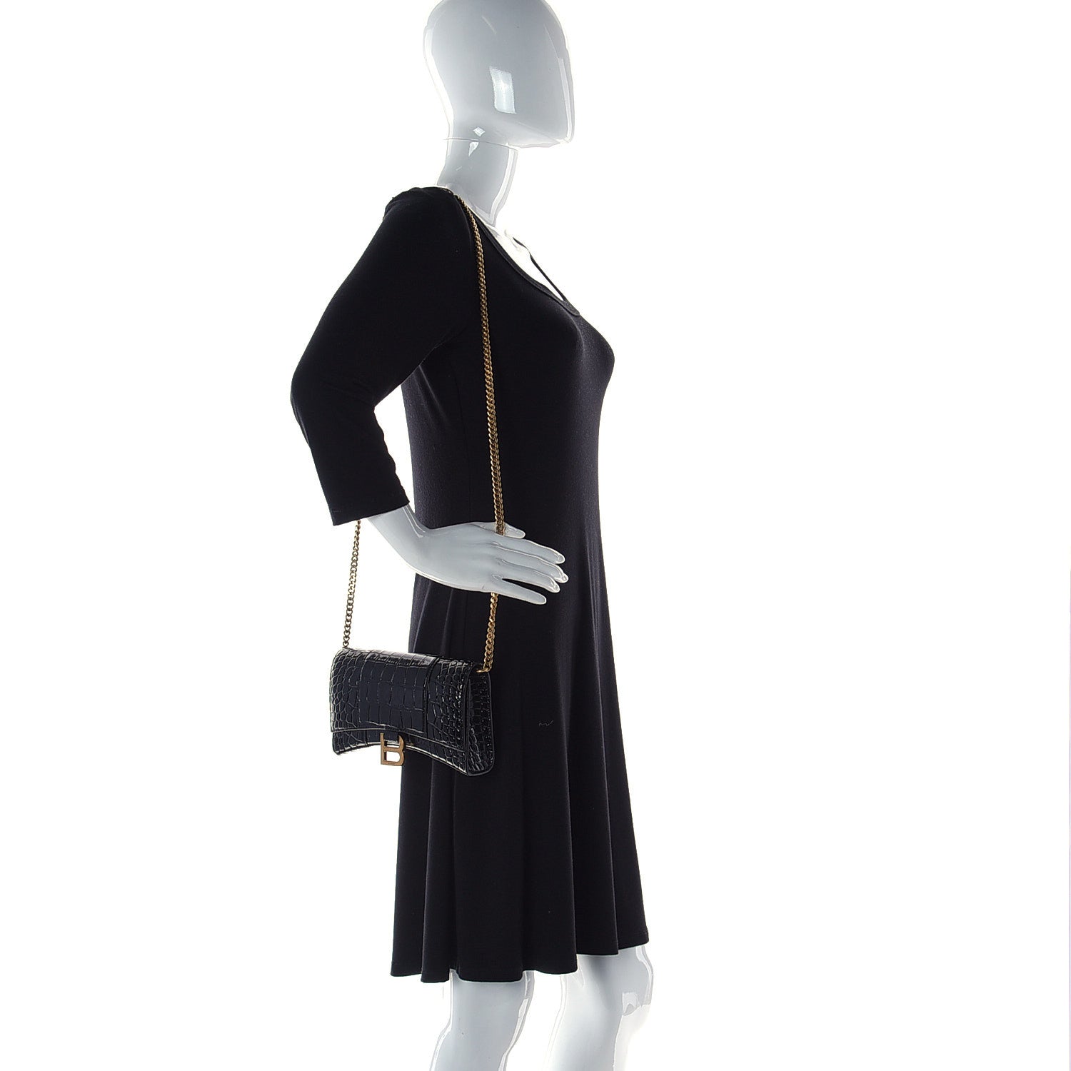 Balenciaga Shiny Calfskin Crocodile Embossed Hourglass Chain Bag Black 2 of 7
