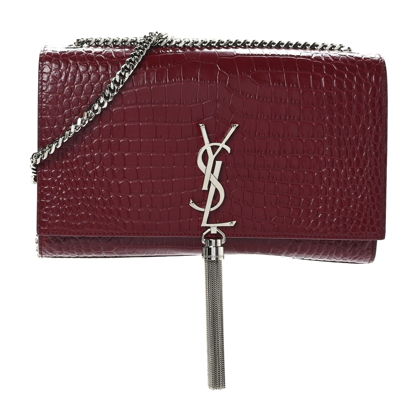 Calfskin Crocodile Embossed Medium Classic Monogram Kate Tassel Satchel Red