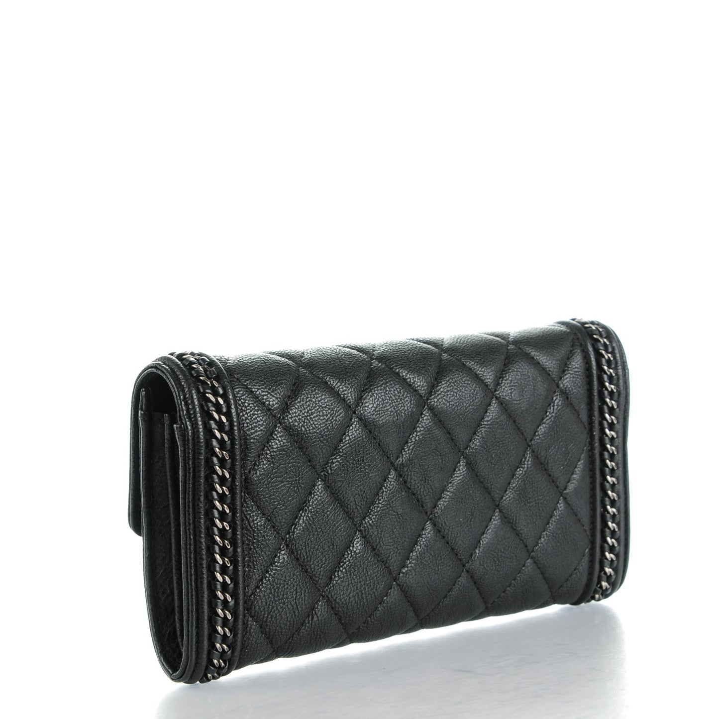 Calfskin Quilted Boy Chain Around Flap Wallet Black