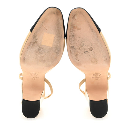 Chanel Goatskin Grosgrain Cap Toe CC Slingback Pumps 38 Beige Black 6 of 10