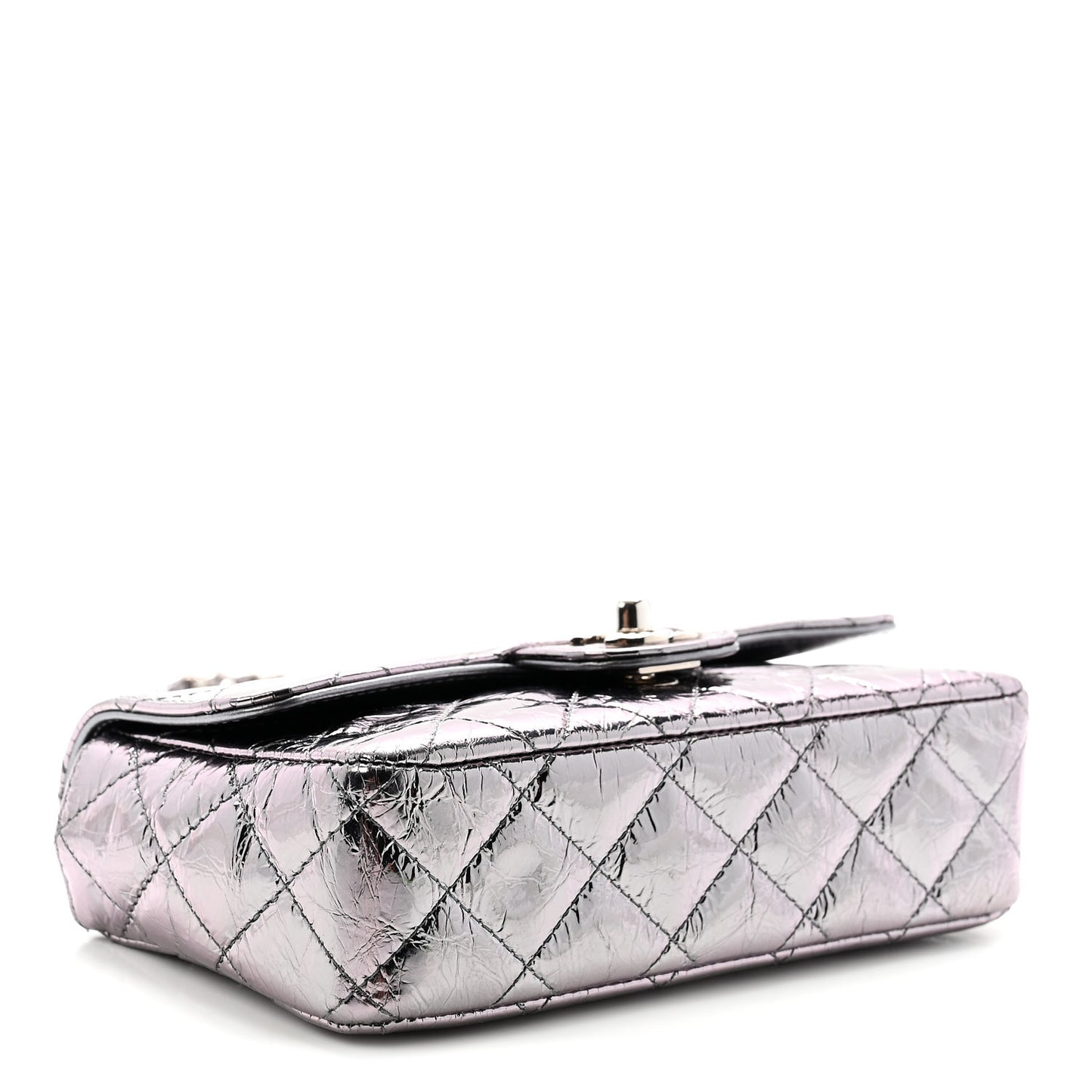 Crumpled Metallic Calfskin Quilted Ring Handle Mini Flap Silver