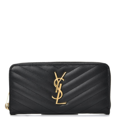 Saint Laurent Grain De Poudre Matelasse Chevron Monogram Zip Around Wallet Black 1 of 7