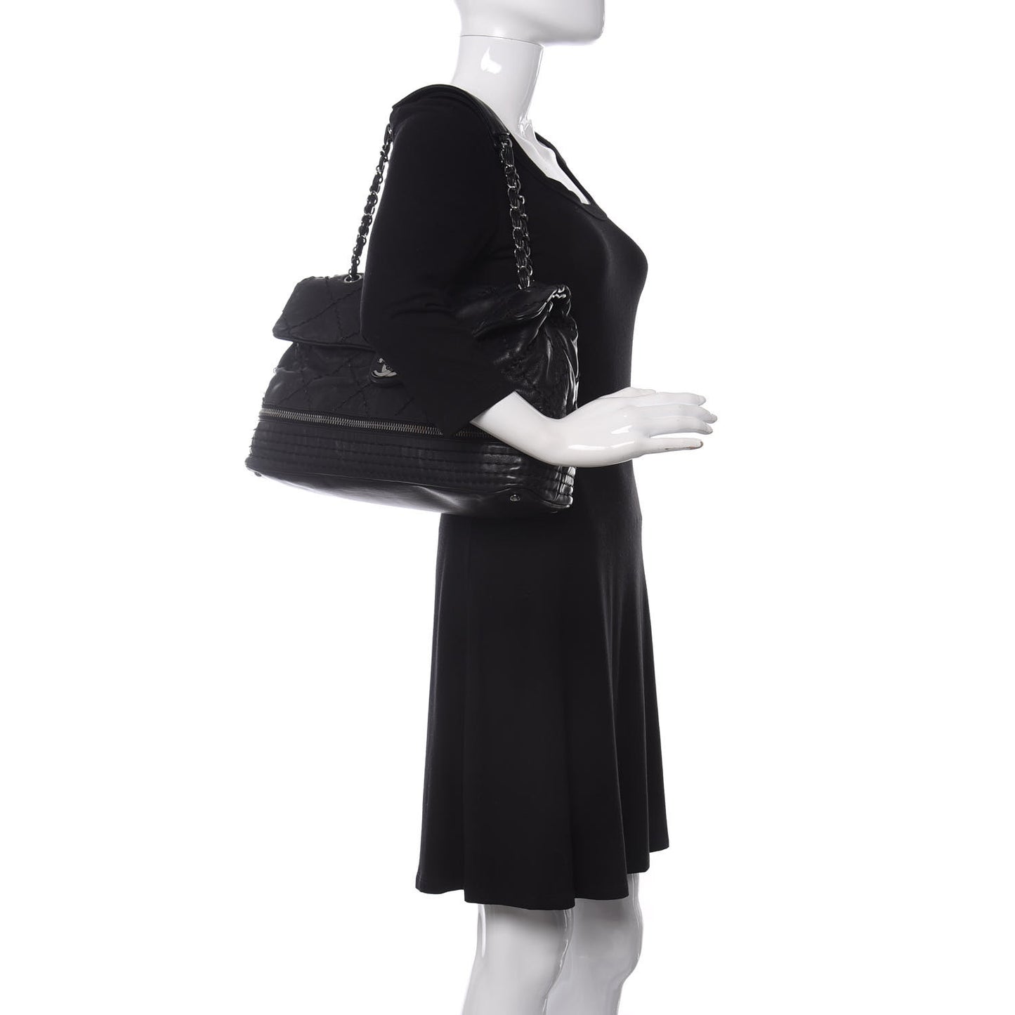 Calfskin Stitched Large Expandable Flap Bag Black