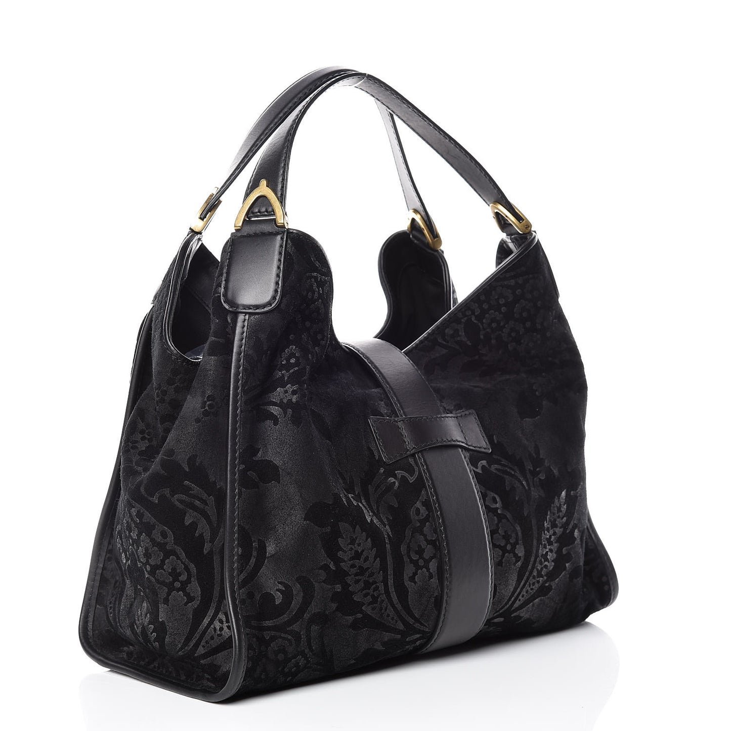 Nubuck Brocade Medium Soft Stirrup Shoulder Bag Black