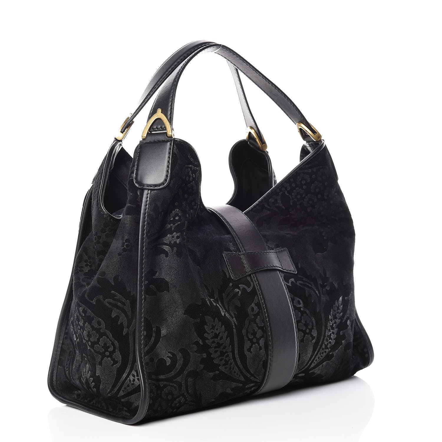 Gucci Nubuck Brocade Medium Soft Stirrup Shoulder Bag Black 3 of 15