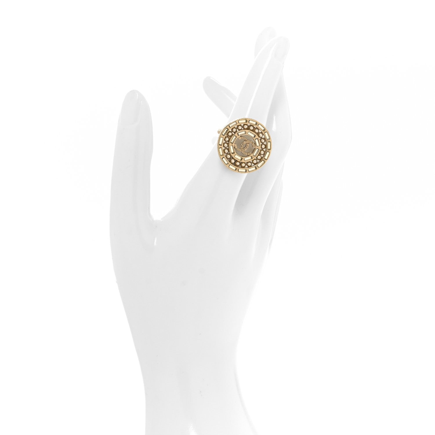Chanel Pearl Baguette Crystal CC Medallion Ring 54 7 Gold 2 of 5