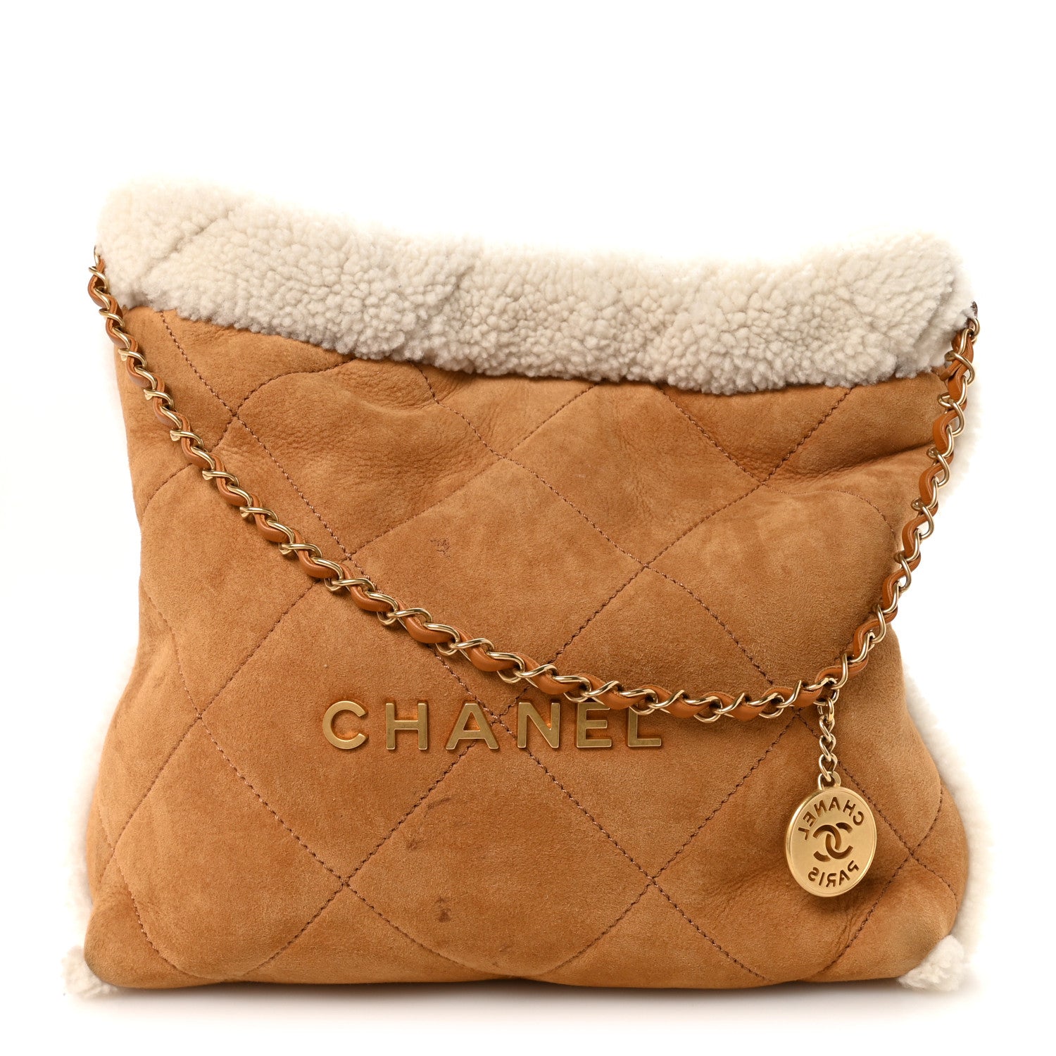 Chanel Suede Shearling Quilted Small Chanel 22 Brown White 1 of 11