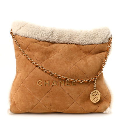 Chanel Suede Shearling Quilted Small Chanel 22 Brown White 1 of 11