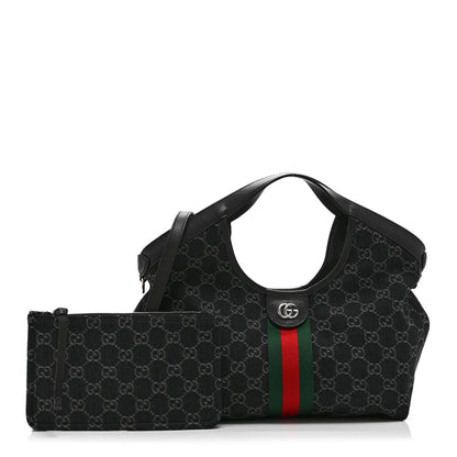 Gucci Denim GG Monogram Web Small Giglio Tote Black Ivory 3 of 10