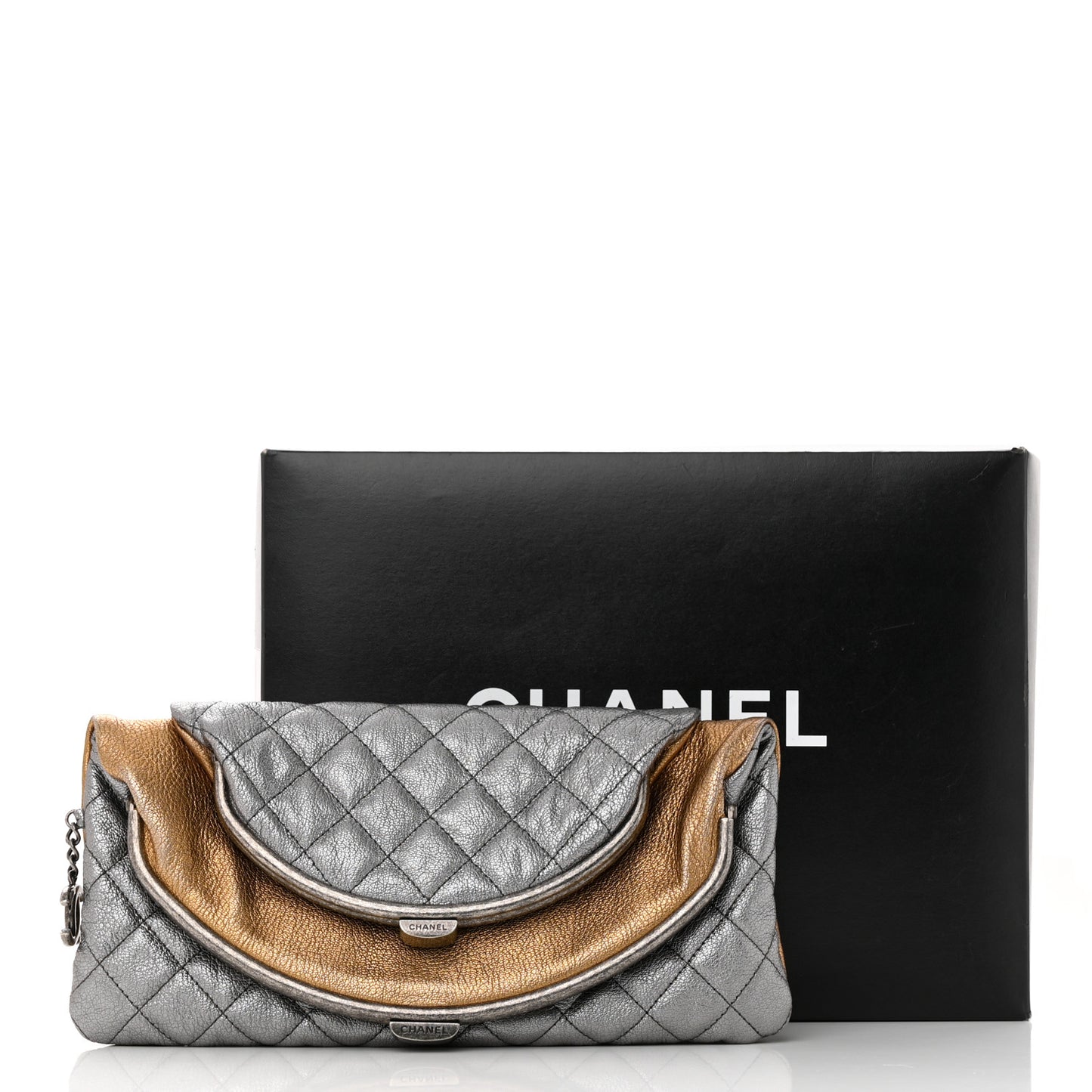 Metallic Goatskin Quilted Frame Clasp Flap Clutch Silver Gold