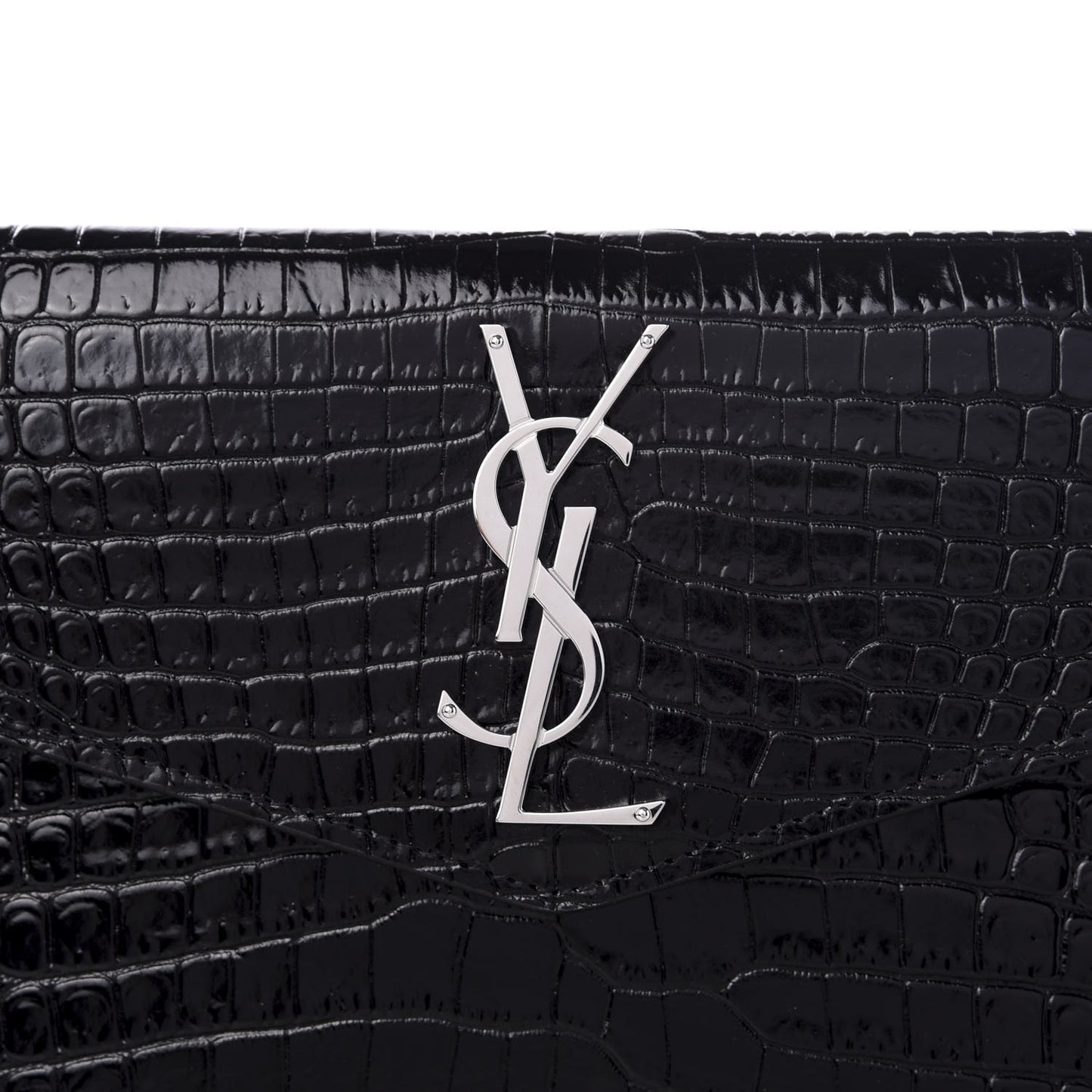 Calfskin Crocodile Embossed Uptown Monogram Clutch Black