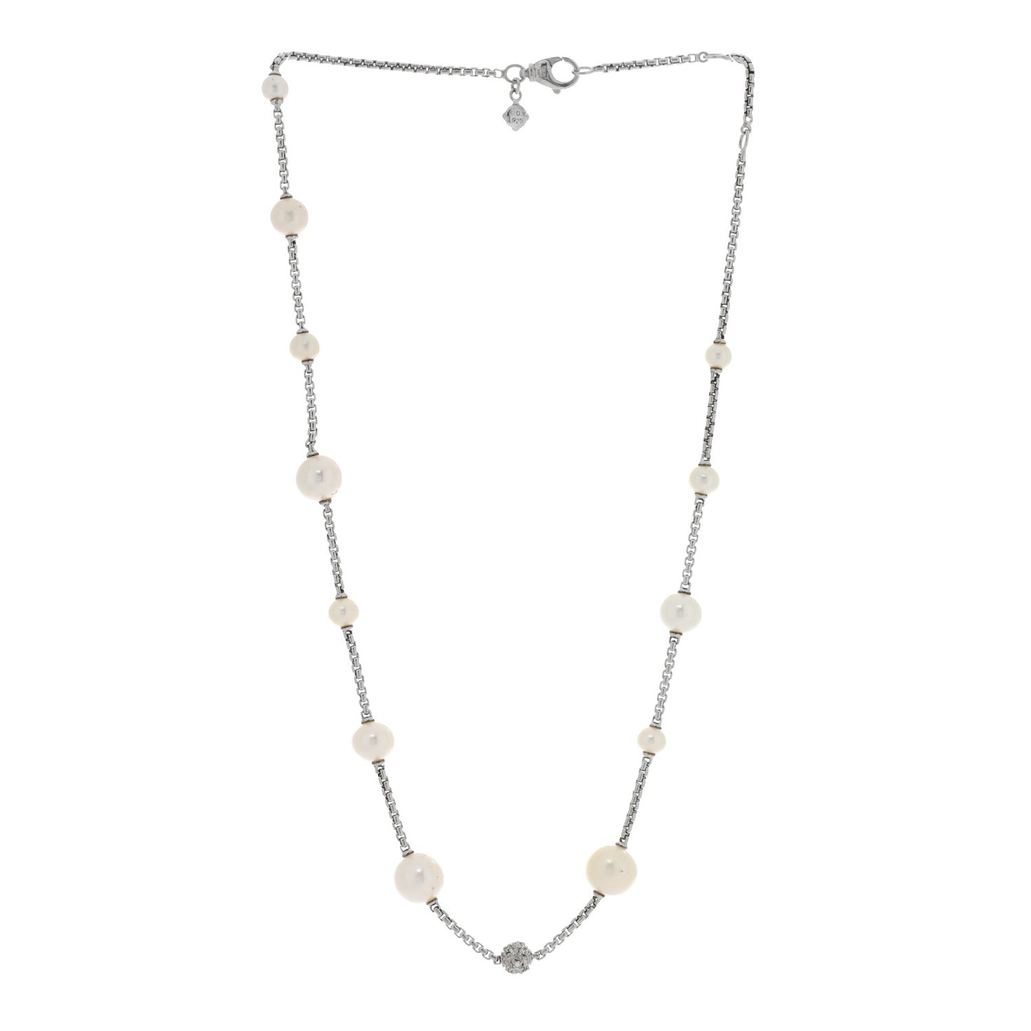 Sterling Silver Diamond Cultured Pearl Pave Station Necklace