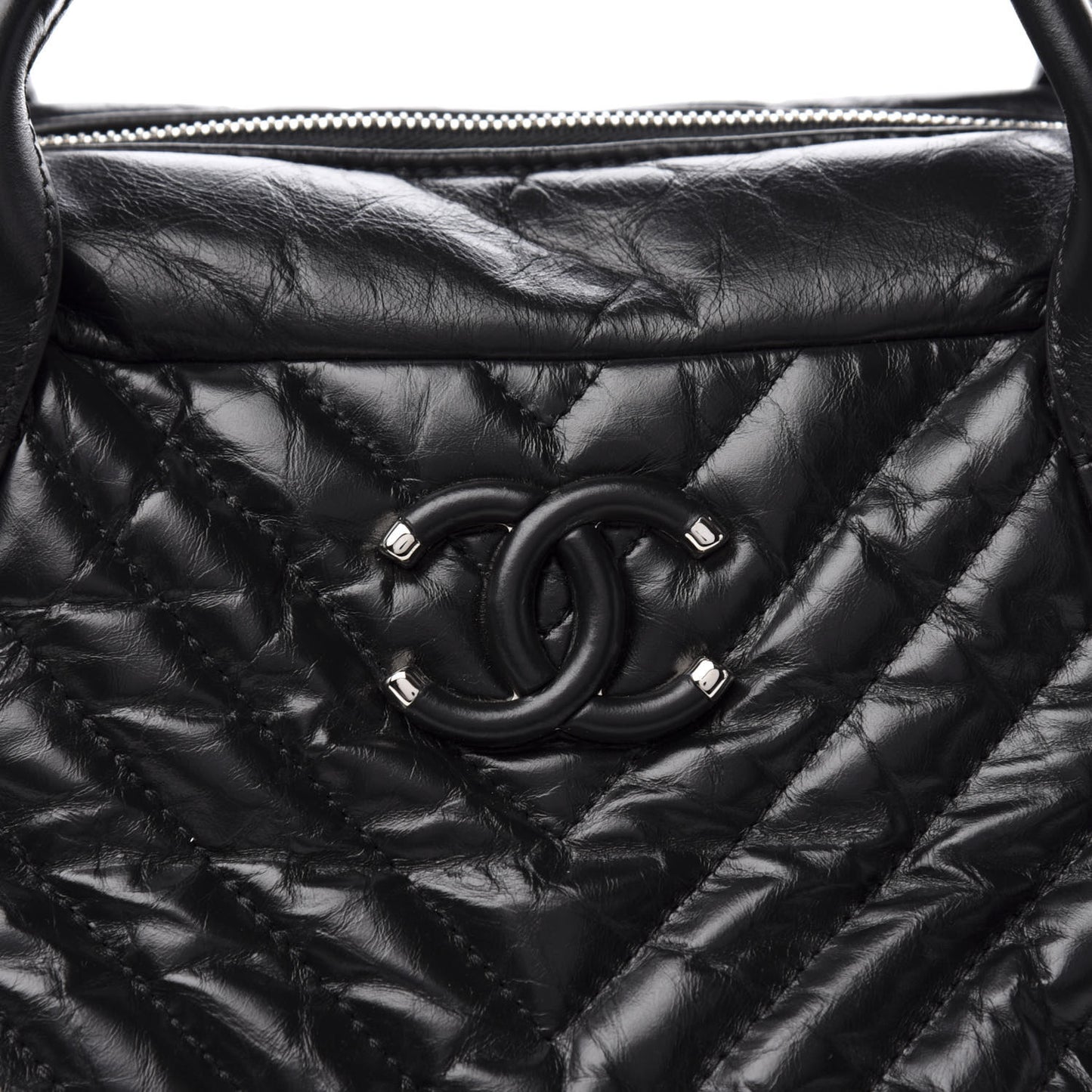 Aged Calfskin Chevron Medium Soft Bowling Bag Black