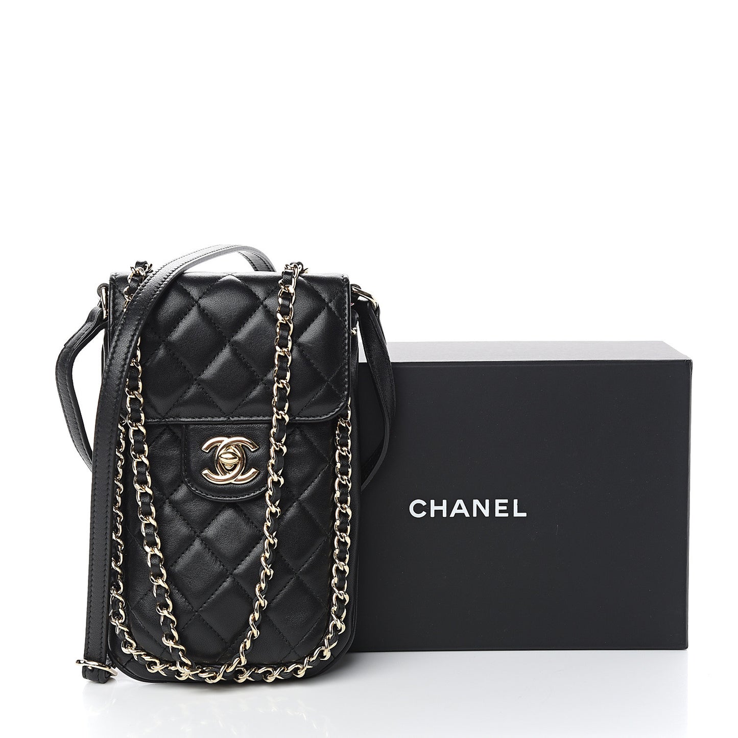Lambskin Quilted Chain Around Flap Crossbody Black