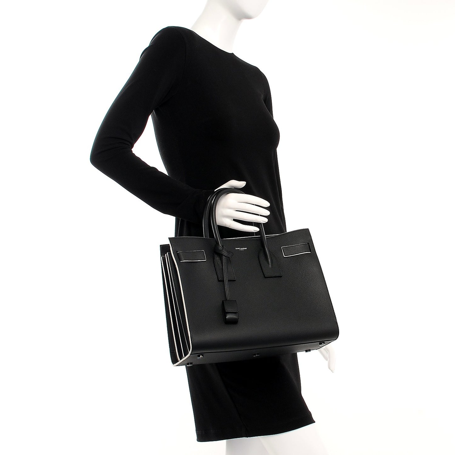 Grained Calfskin Topstitch Small Sac De Jour Black Porcelain