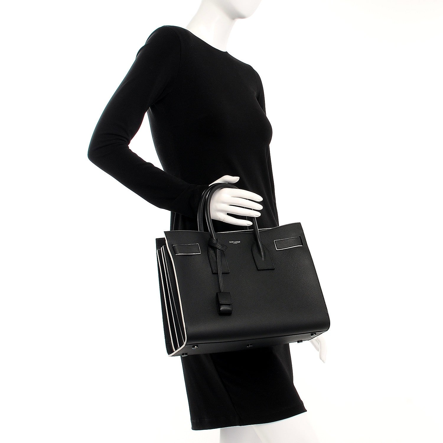 Saint Laurent Grained Calfskin Topstitch Small Sac De Jour Black Porcelain 3 of 10