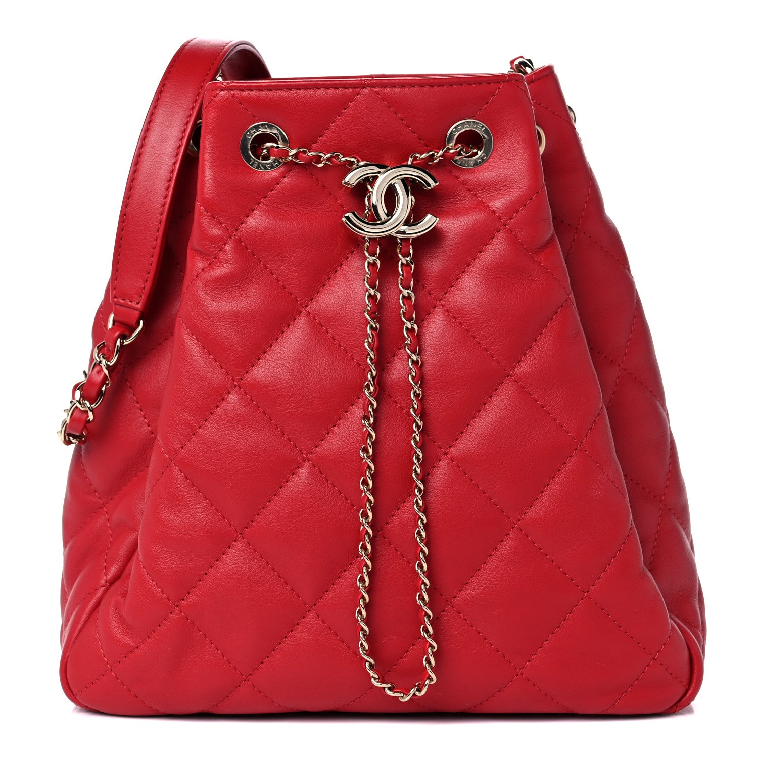 Chanel Lambskin Quilted Chain Drawstring Bag Red 1 of 16