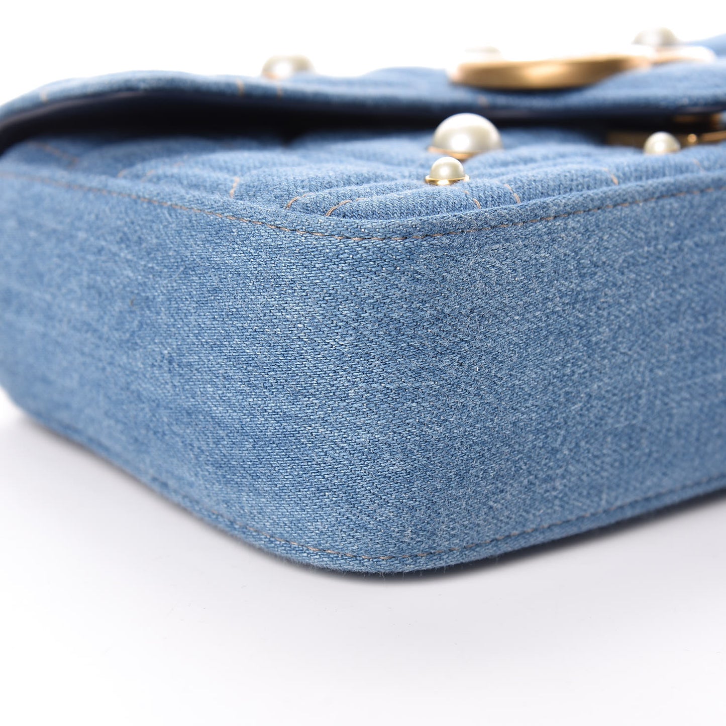Denim Matelasse Pearl Studded Mini GG Marmont Shoulder Bag Blue