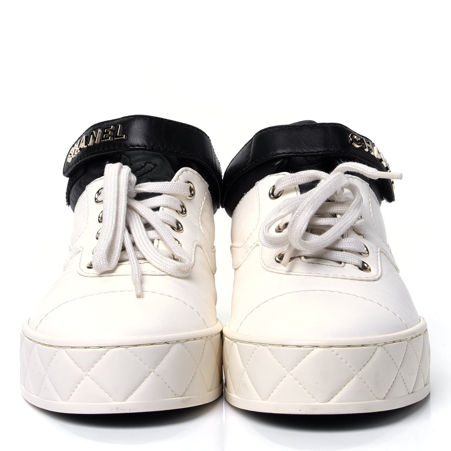 Chanel Lambskin Logo Strap Sneakers 38 Ivory Black 2 of 11
