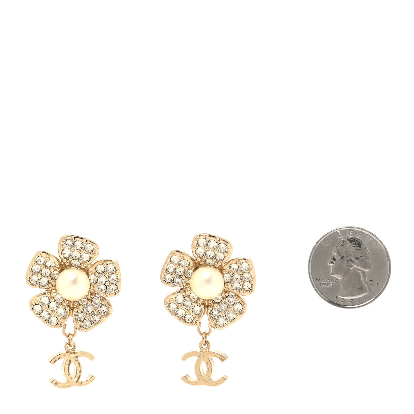 Metal Pearl Crystal CC Flower Drop Earrings Gold White