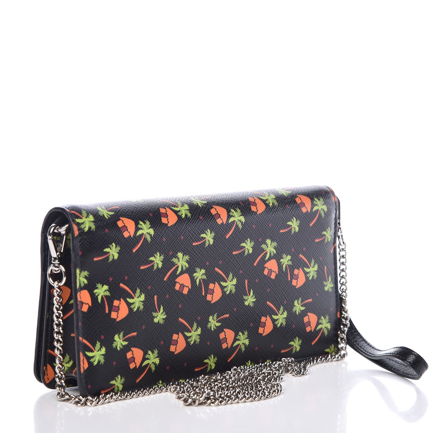 Saffiano Palm Tree Print Chain Wallet Black