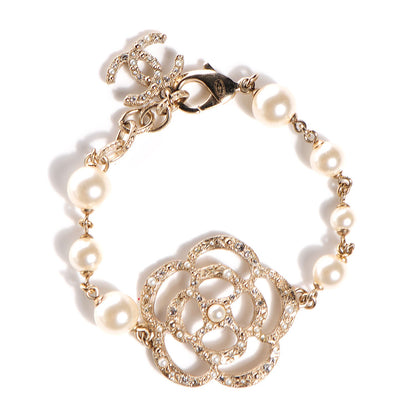 Chanel Swarovski Crystal Camellia Pearl CC Bracelet Gold 1 of 5