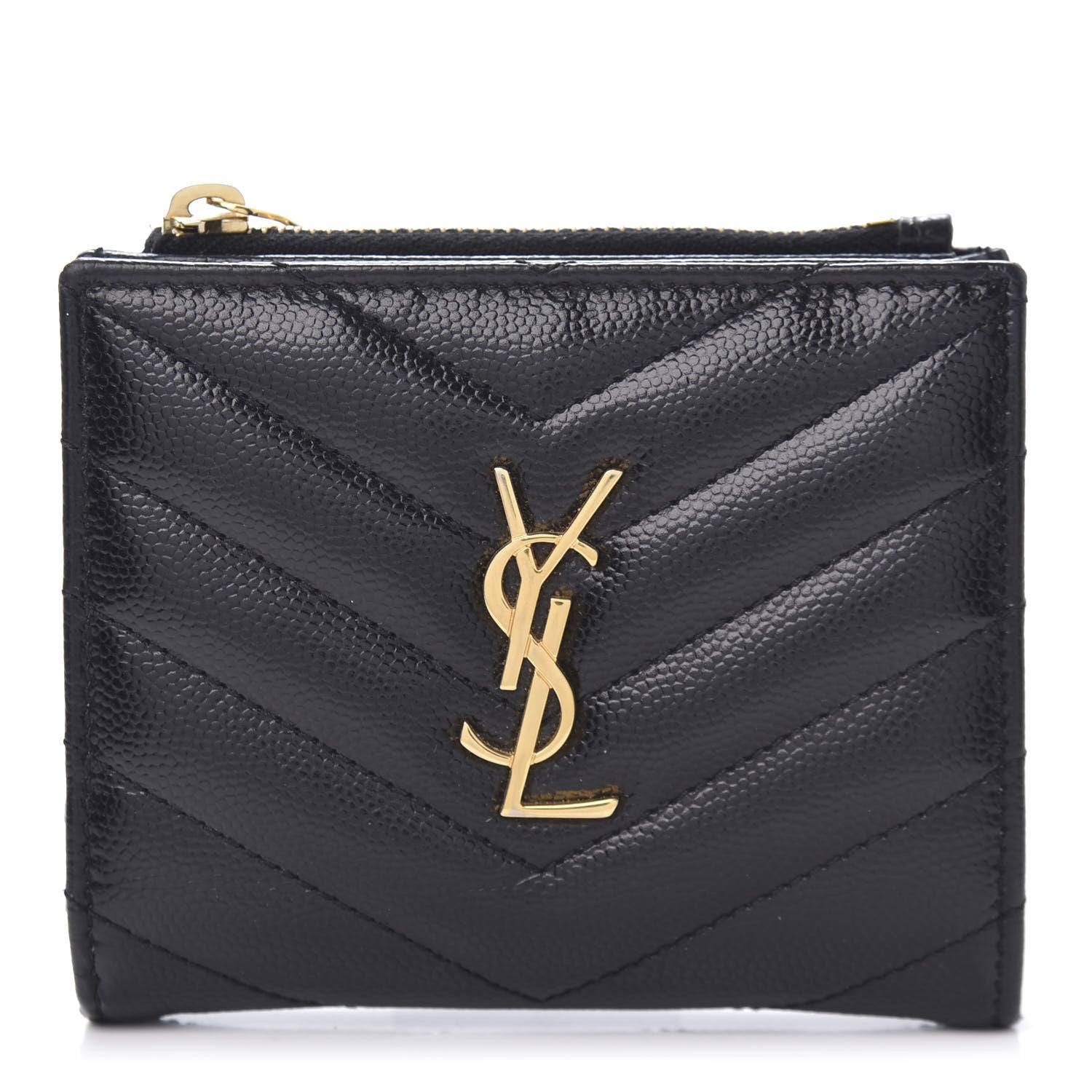 Saint Laurent Grain De Poudre Matelasse Chevron Monogram Zipped Card Case Black 1 of 9