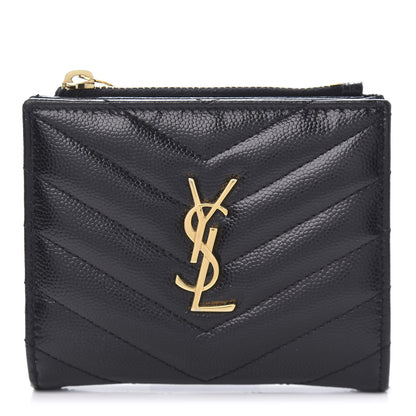 Saint Laurent Grain De Poudre Matelasse Chevron Monogram Zipped Card Case Black 1 of 9