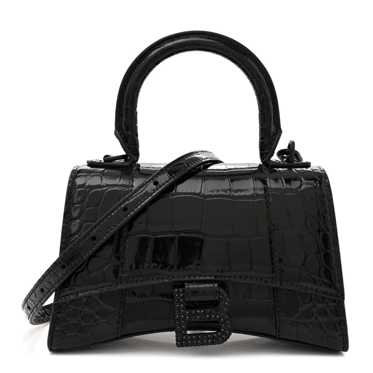 Shiny Calfskin Monochrome Crocodile Embossed Strass Hourglass Top Handle Bag XS Black