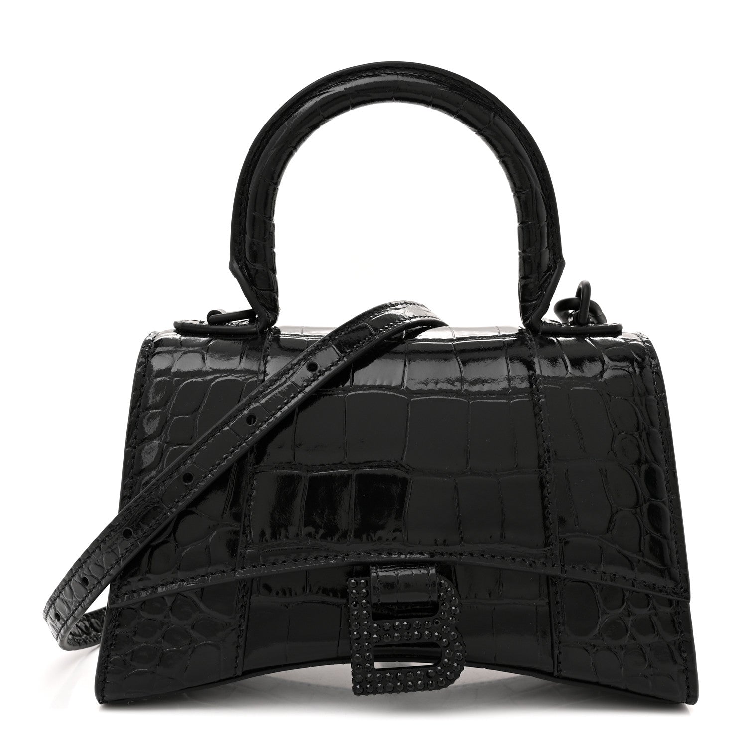 Balenciaga Shiny Calfskin Monochrome Crocodile Embossed Strass Hourglass Top Handle Bag XS Black 1 of 11