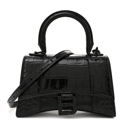 Balenciaga Shiny Calfskin Monochrome Crocodile Embossed Strass Hourglass Top Handle Bag XS Black 1 of 11
