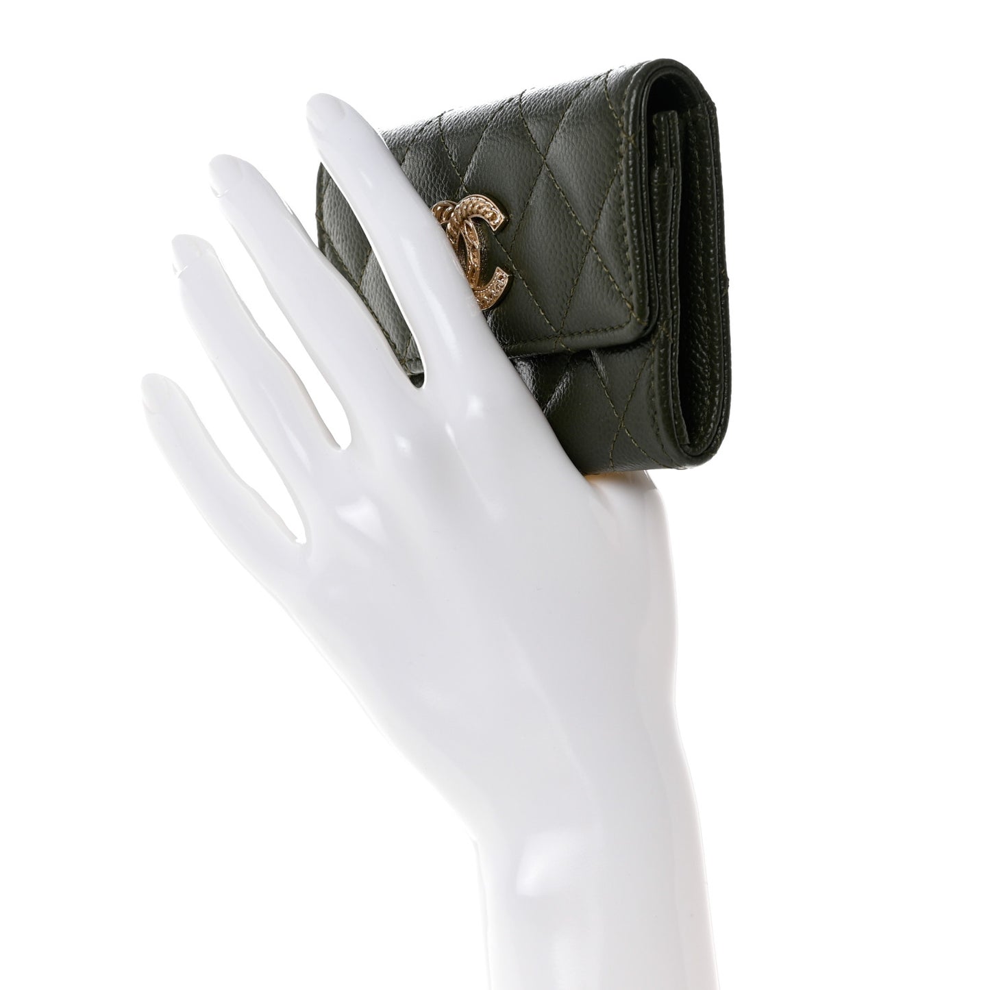Caviar Quilted Chain CC Flap Card Holder Khaki