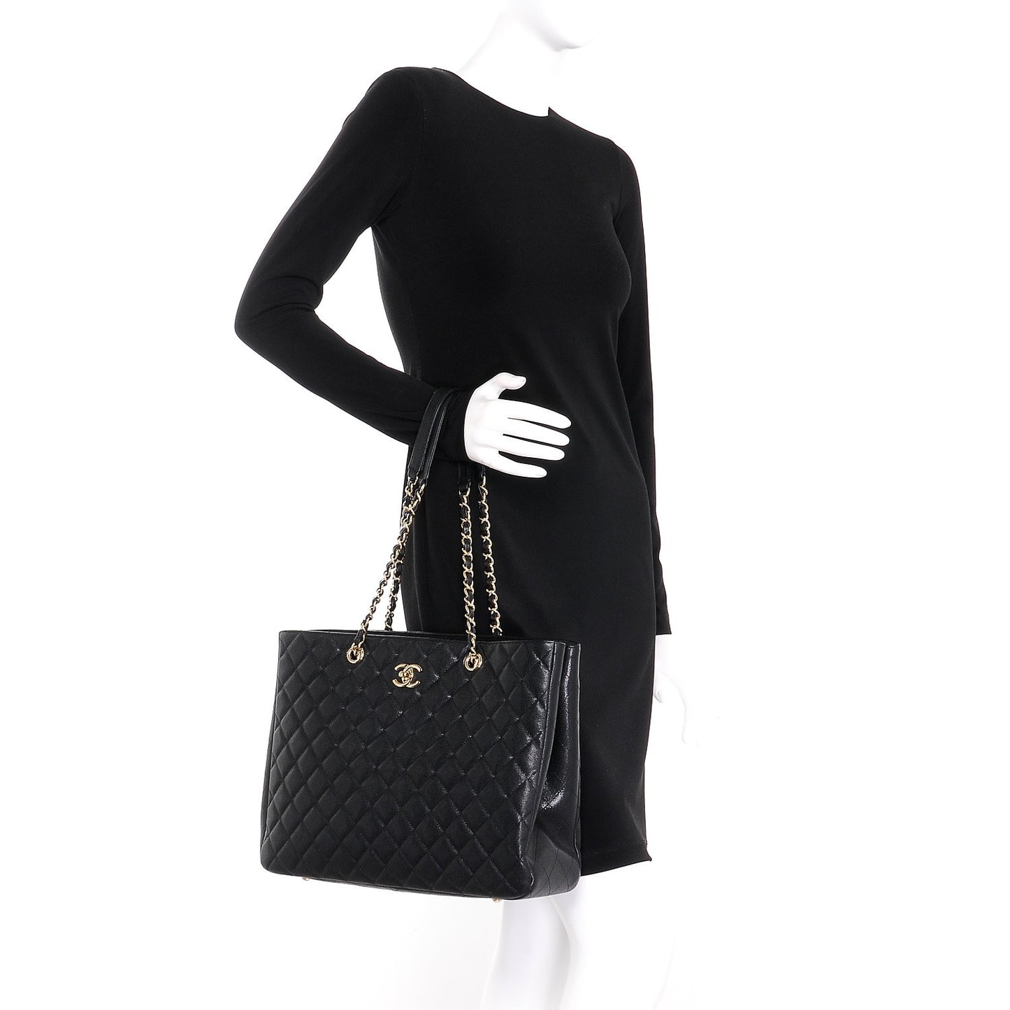 Caviar Quilted Large Shopping Tote Black