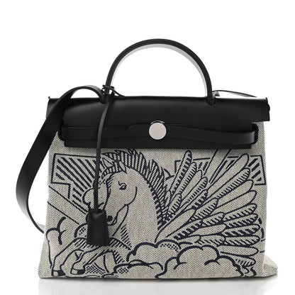Hermes Vache Hunter Toile H Pegase Pop Herbag Zip Retourne 31 PM Bleu Indigo Ecru Black 3 of 10
