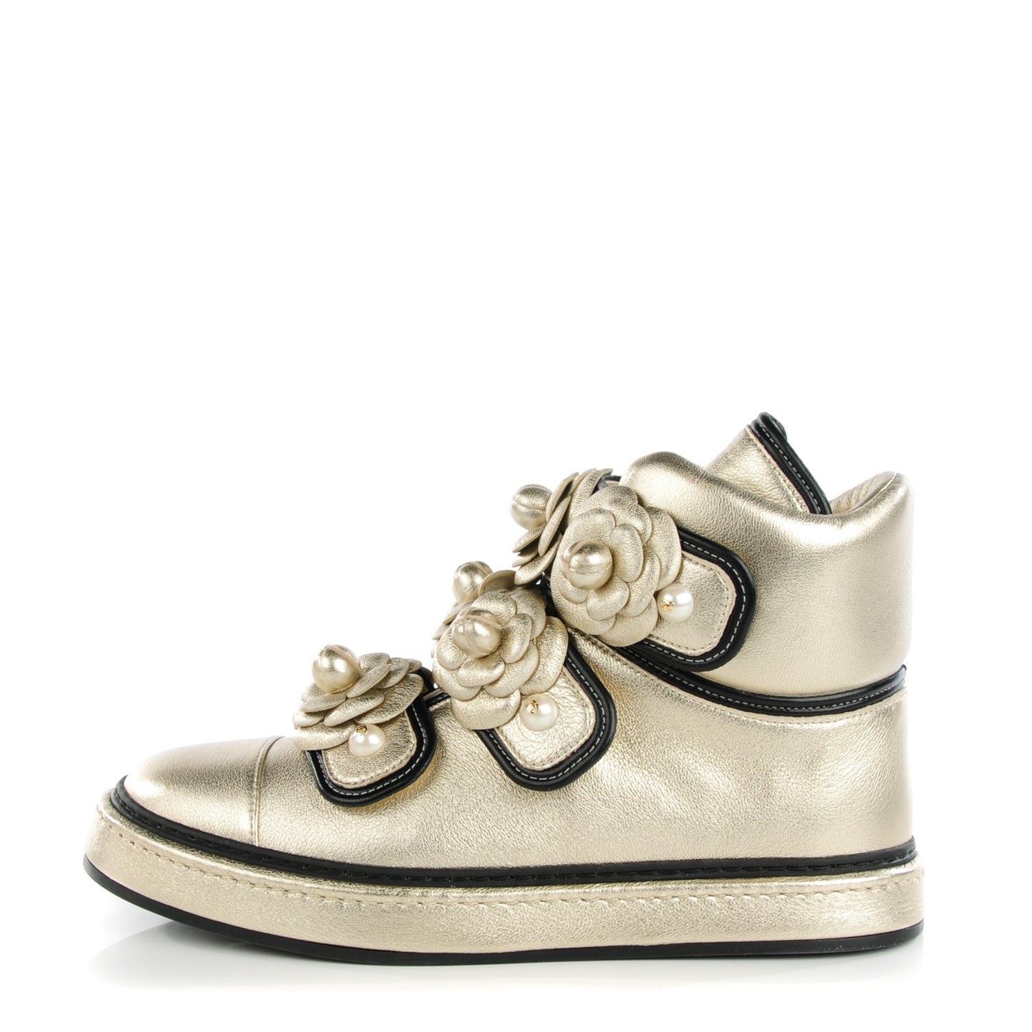 Metallic Lambskin Camellia High Top Sneakers 38 Gold