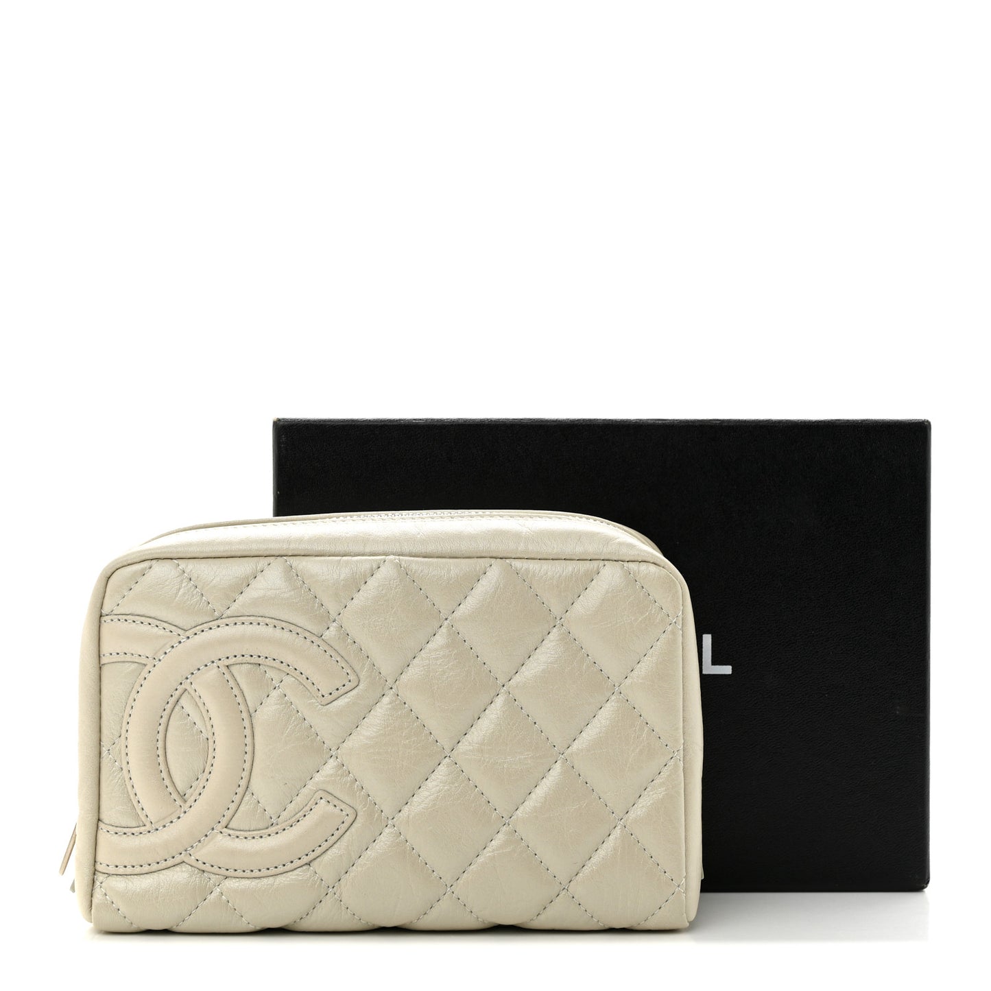 Metallic Aged Calfskin Quilted Cambon Cosmetic Case Argent Clair