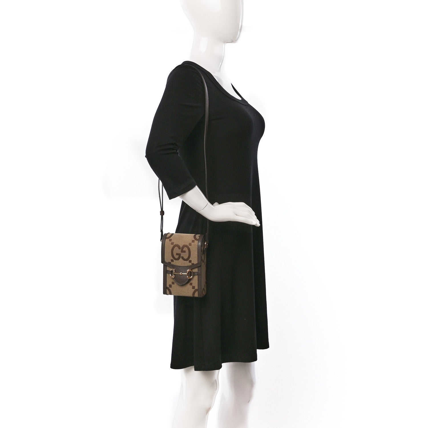 Gucci Monogram Jumbo GG Textured Dollar Calfskin Mini Horsebit 1955 Crossbody Bag Camel Ebony New Acero 2 of 10
