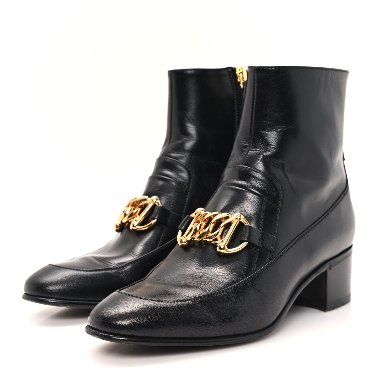Goatskin Kitten Chain Horsebit Ankle Boots 37.5 Black