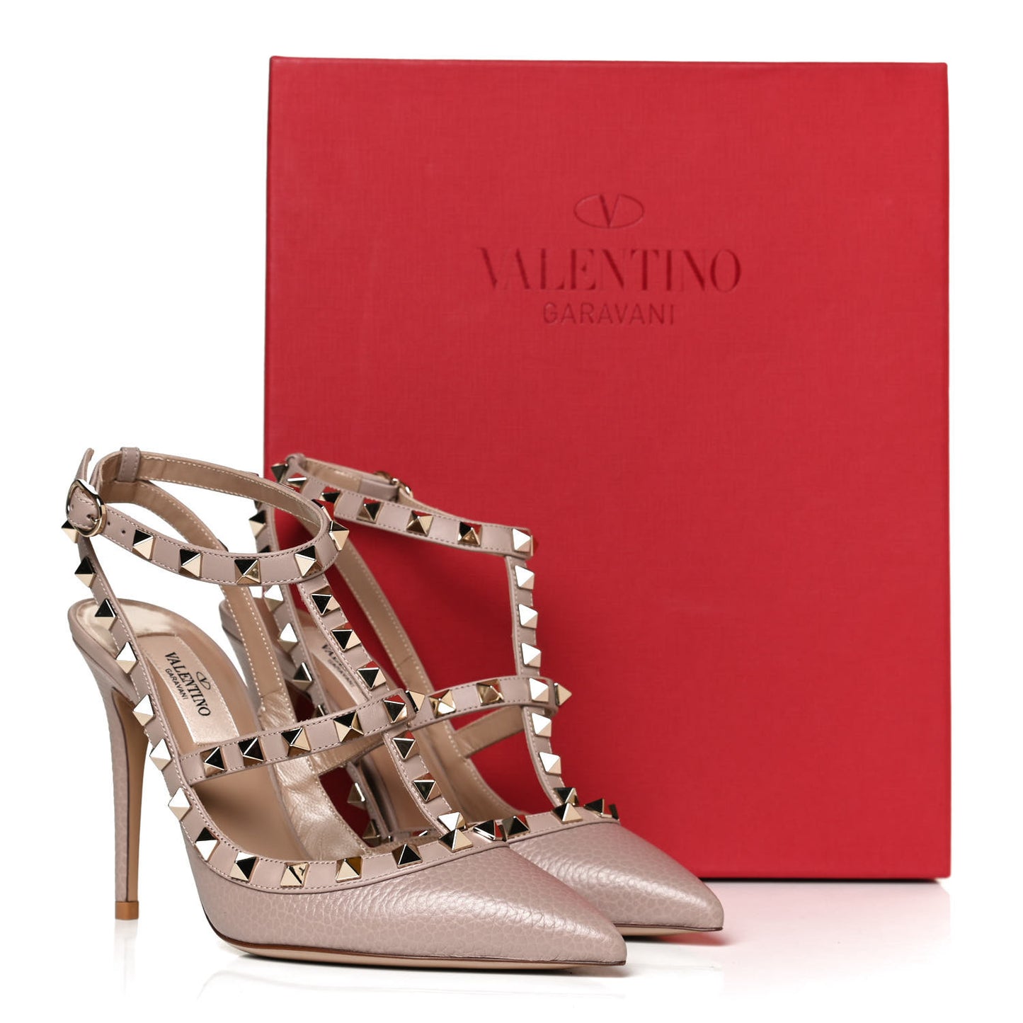 Pebbled Calfskin Rockstud Ankle Strap Pumps 36 Poudre