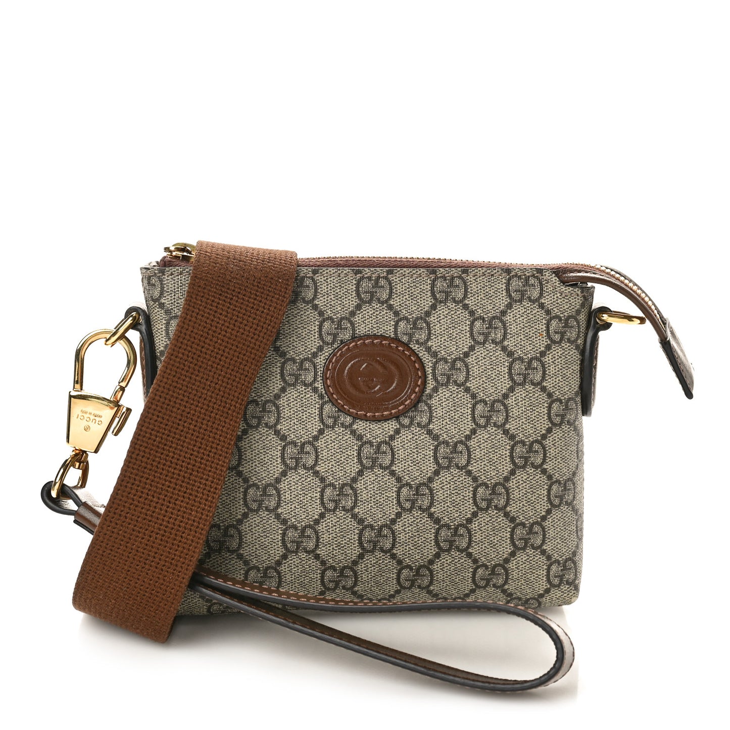 GG Supreme Monogram Azalea Calfskin Small Retro Interlocking G Wristlet Messenger Bag Beige Ebony Brown Sugar