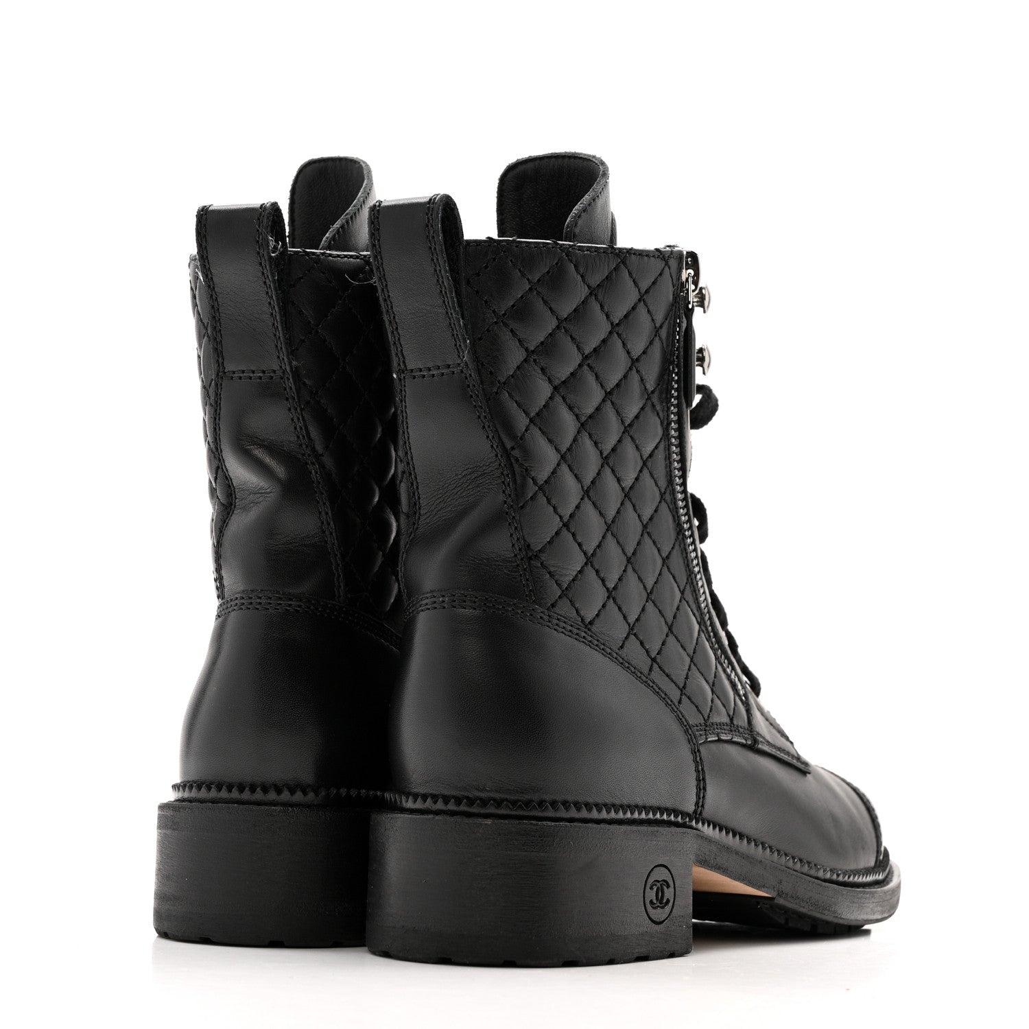 Chanel Calfskin Quilted Lace Up Combat Boots 36.5 Black 1826684