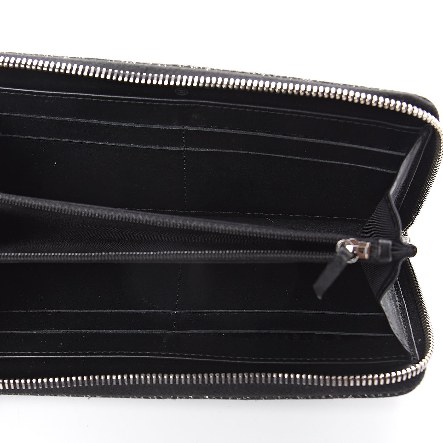 Glittered Calfskin Quilted Large Gusset Zip Wallet Black