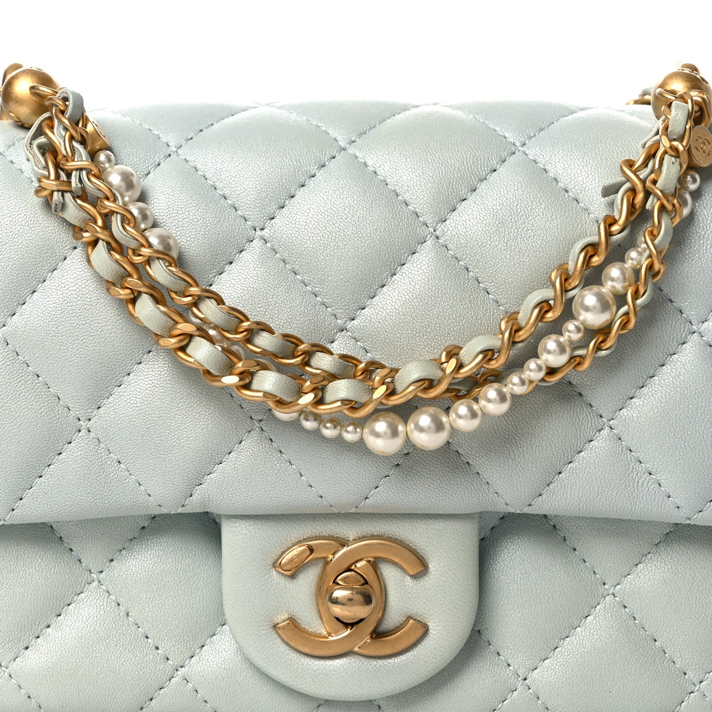 Shiny Lambskin Quilted Pearl Twist Mini Square Flap Light Blue