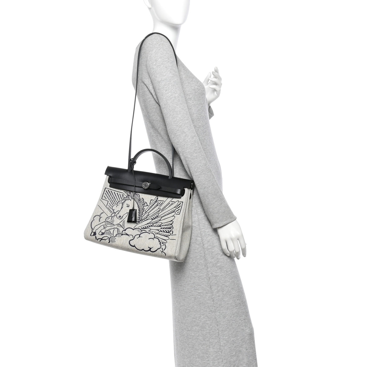 Hermes Vache Hunter Toile H Pegase Pop Herbag Zip Retourne 31 PM Bleu Indigo Ecru Black 2 of 12
