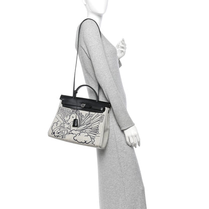 Hermes Vache Hunter Toile H Pegase Pop Herbag Zip Retourne 31 PM Bleu Indigo Ecru Black 2 of 12