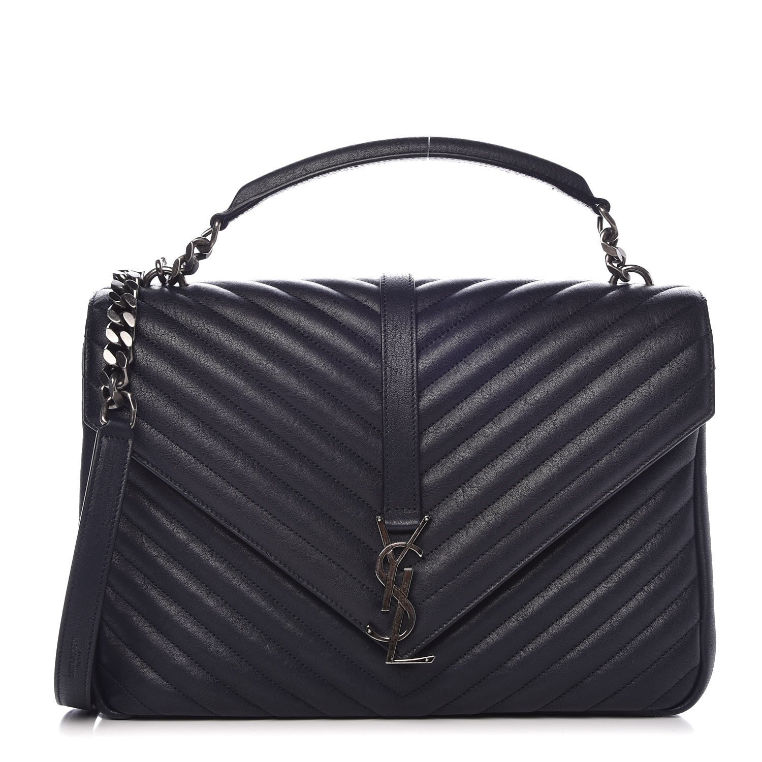 Saint Laurent Sheepskin Matelasse Chevron Monogram Large College Satchel Navy Blue 1 of 9
