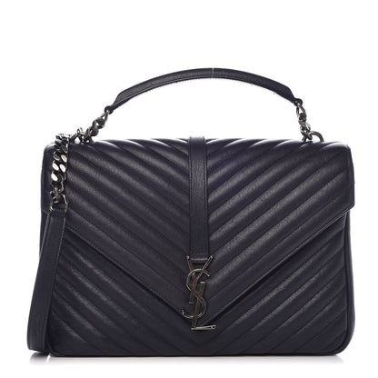 Saint Laurent Sheepskin Matelasse Chevron Monogram Large College Satchel Navy Blue 1 of 9